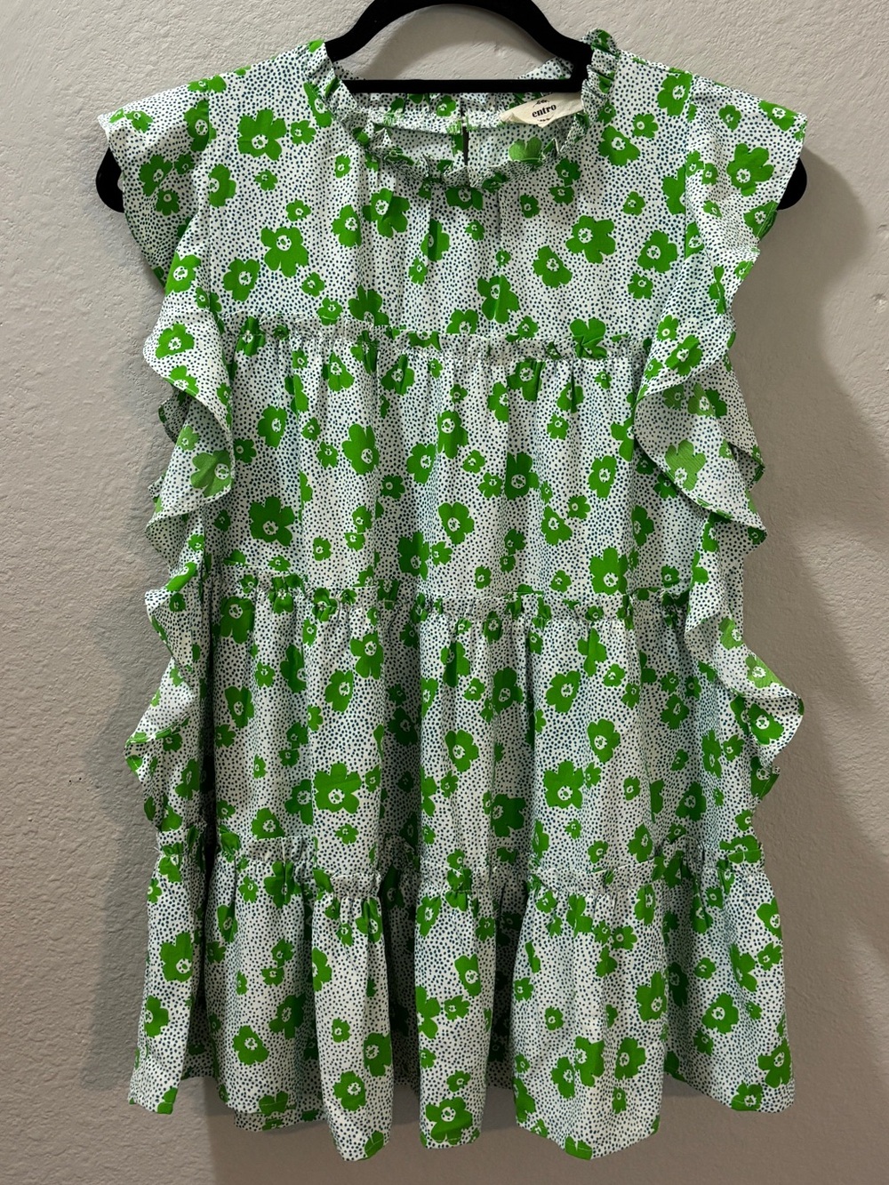 Entro Green White Floral Ruffle Tiered Blouse Size Large